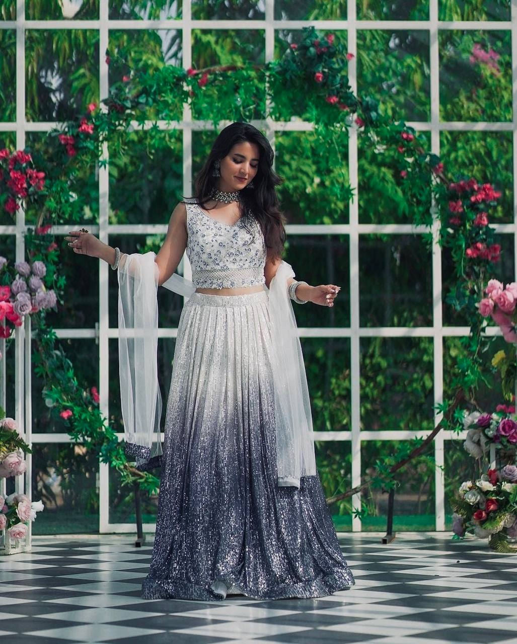 White & Silver Ombre Sequin Lehenga with Embroidered Blouse & Dupatta