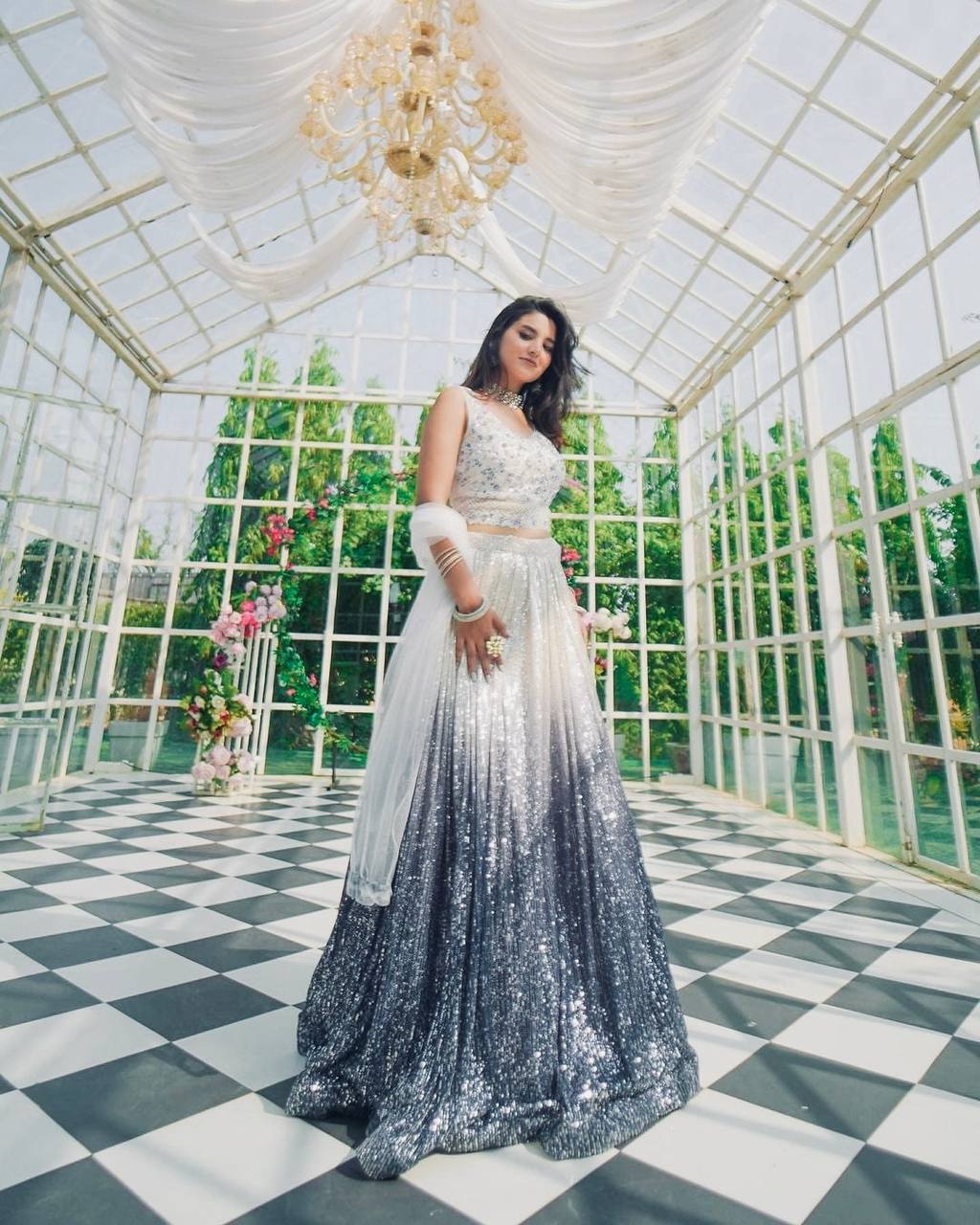 White & Silver Ombre Sequin Lehenga with Embroidered Blouse & Dupatta