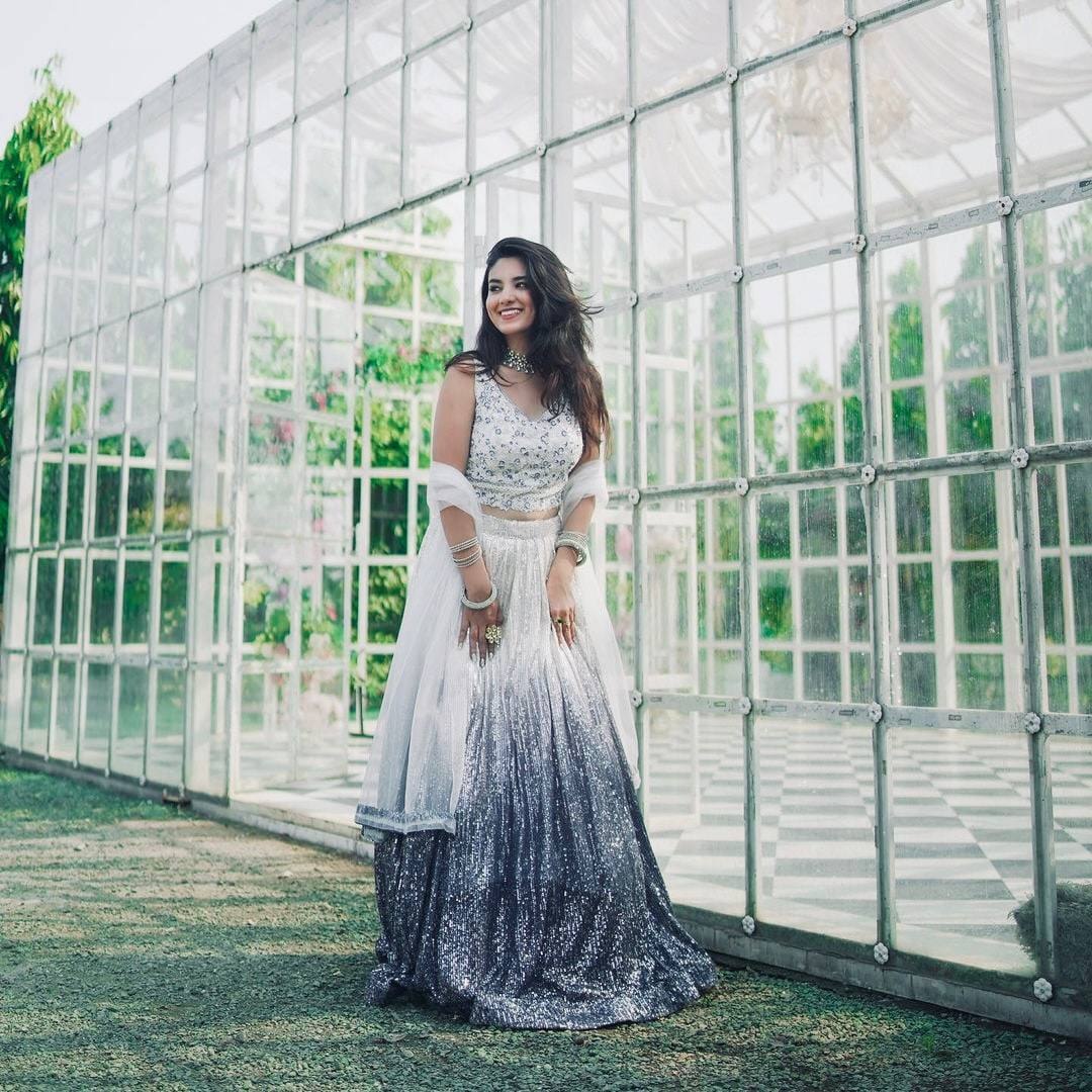 White & Silver Ombre Sequin Lehenga with Embroidered Blouse & Dupatta