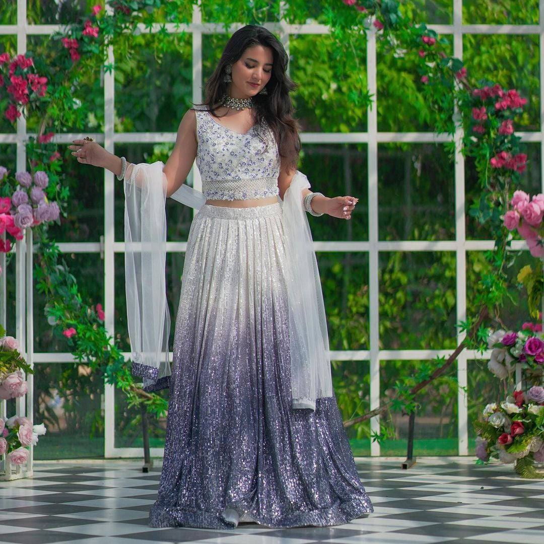 White & Silver Ombre Sequin Lehenga with Embroidered Blouse & Dupatta
