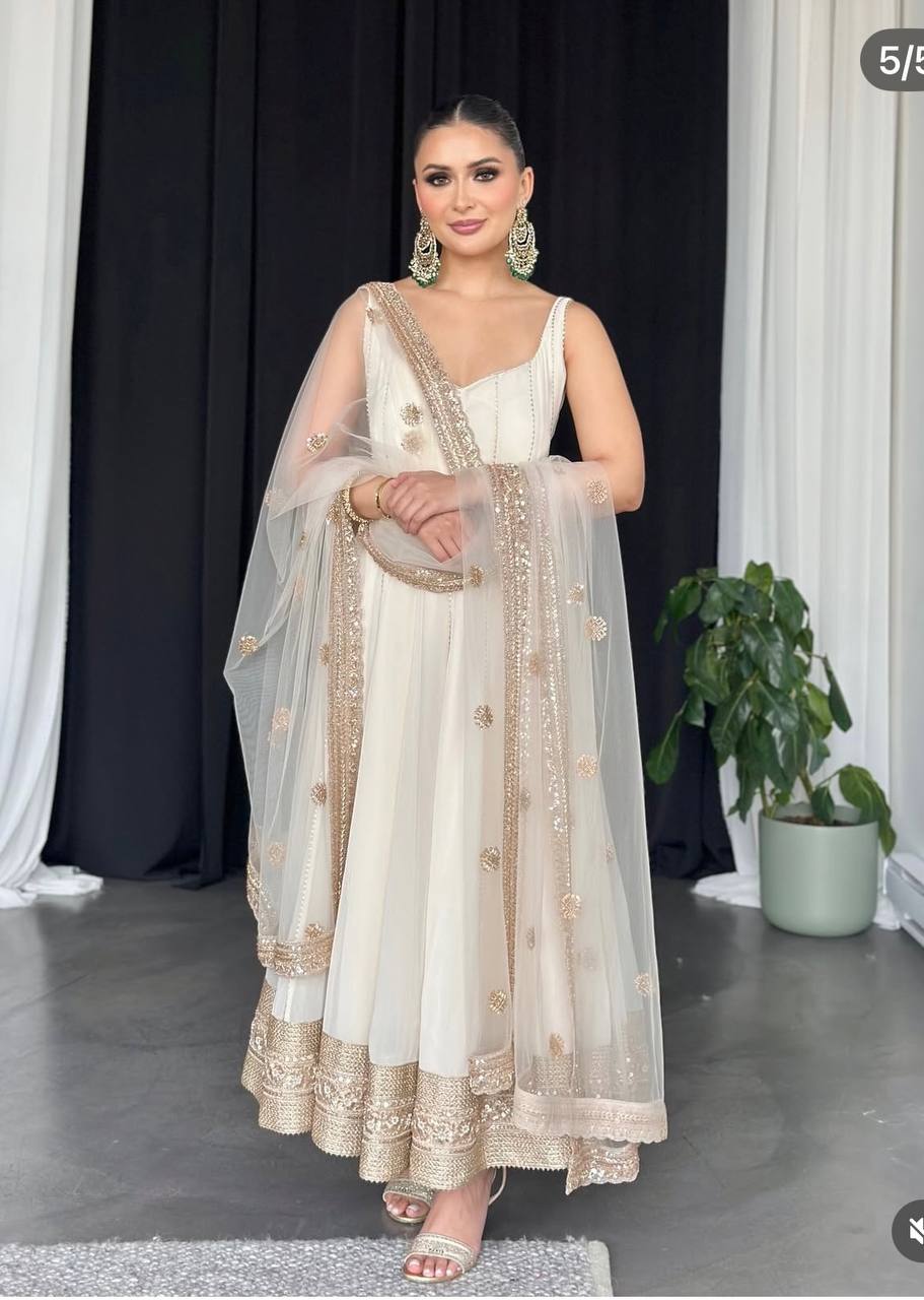 White Anarkali Gown with Sequined Net Dupatta