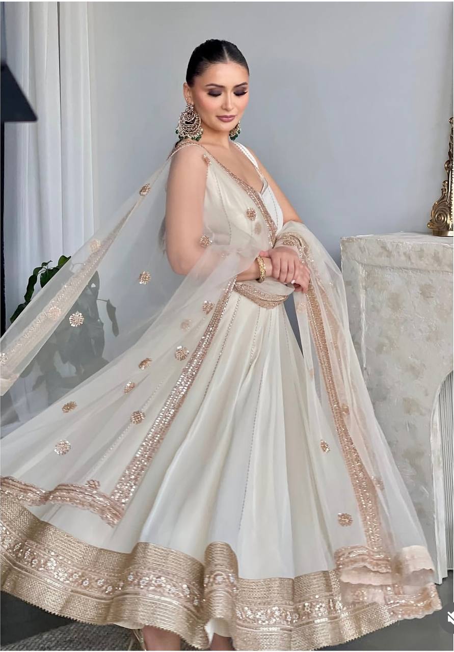 White Anarkali Gown with Sequined Net Dupatta