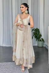 White Anarkali Gown with Sequined Net Dupatta