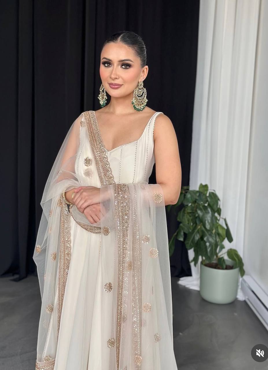 White Anarkali Gown with Sequined Net Dupatta