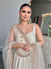 White Anarkali Gown with Sequined Net Dupatta