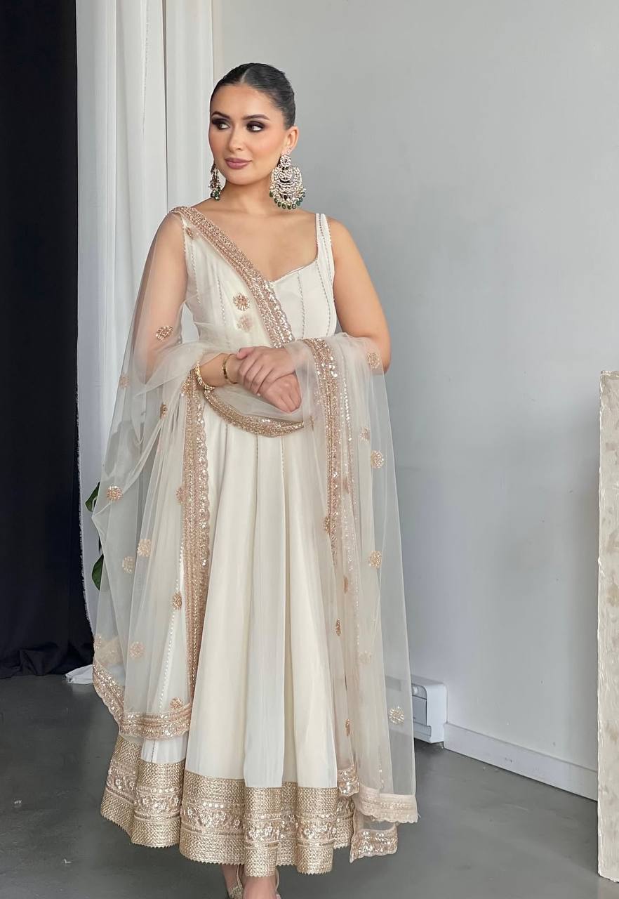 White Anarkali Gown with Sequined Net Dupatta