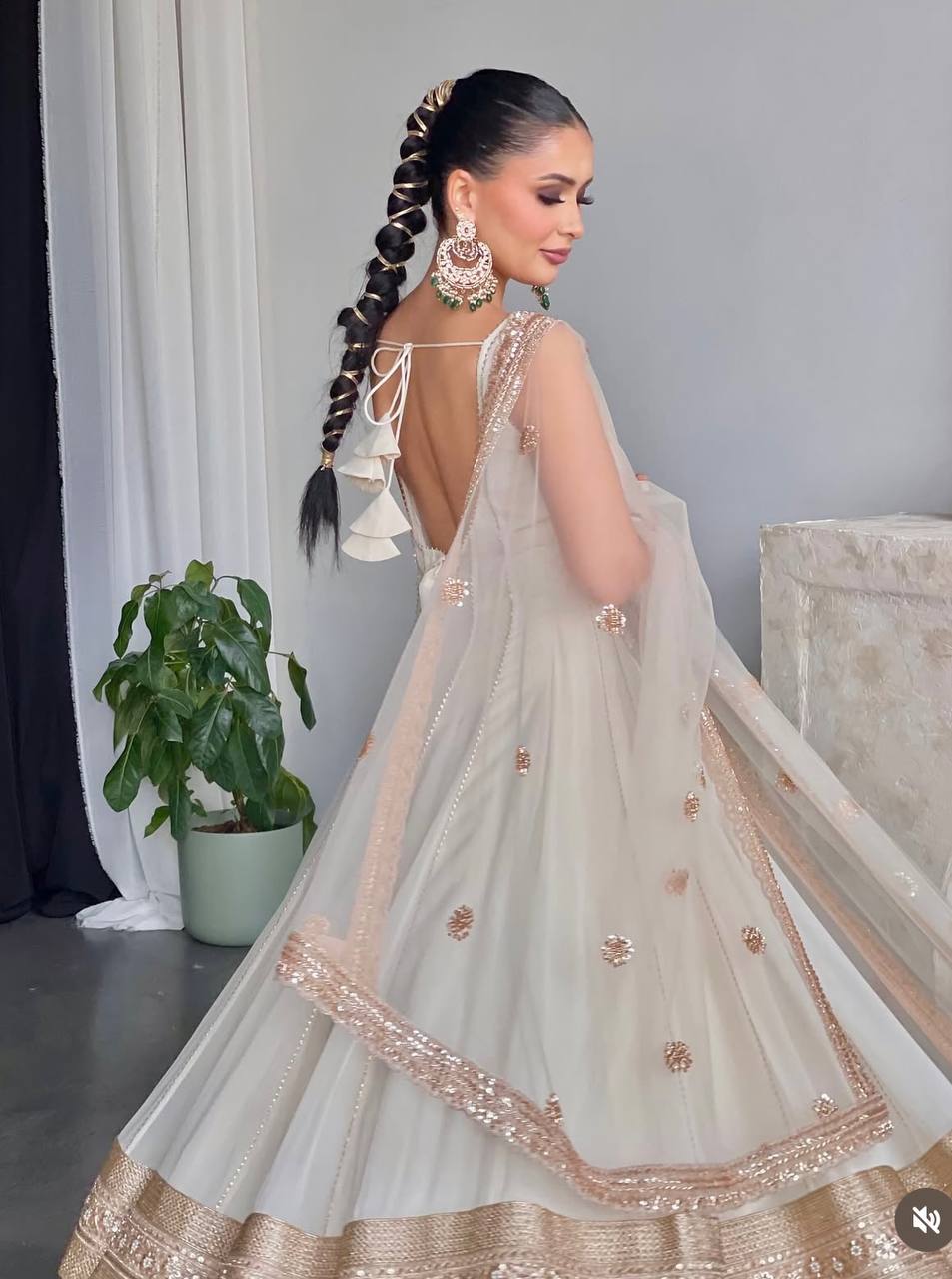 White Anarkali Gown with Sequined Net Dupatta