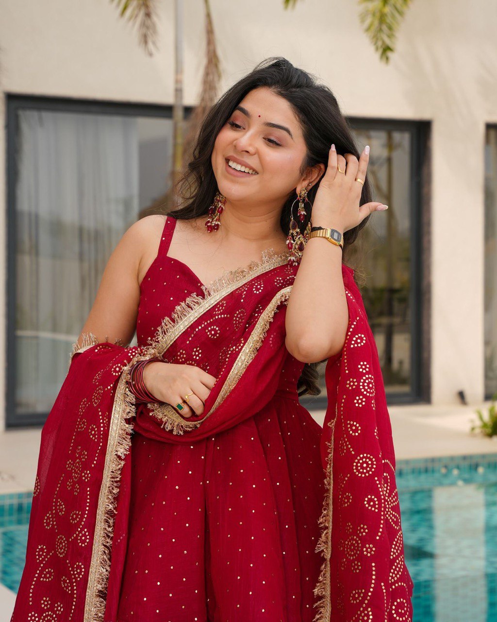 Crimson Red Sharara Set with Mirror Work & Gold Detailing – Festive and Wedding Wear
