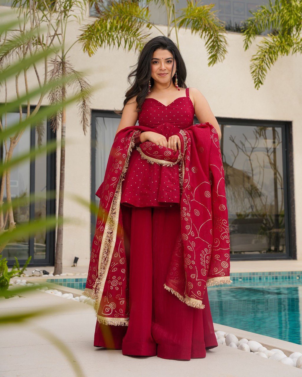 Crimson Red Sharara Set with Mirror Work & Gold Detailing – Festive and Wedding Wear