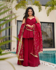Crimson Red Sharara Set with Mirror Work & Gold Detailing – Festive and Wedding Wear