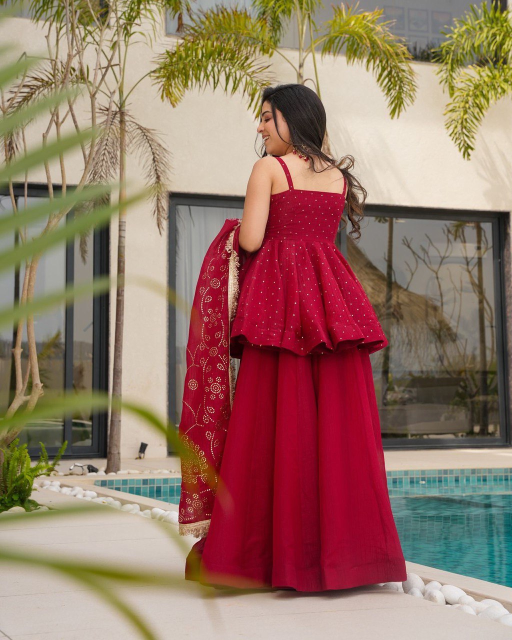 Crimson Red Sharara Set with Mirror Work & Gold Detailing – Festive and Wedding Wear