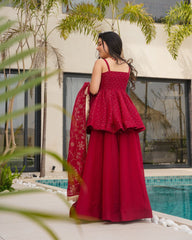 Crimson Red Sharara Set with Mirror Work & Gold Detailing – Festive and Wedding Wear