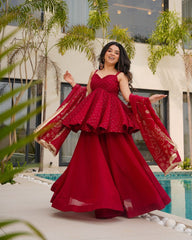 Crimson Red Sharara Set with Mirror Work & Gold Detailing – Festive and Wedding Wear