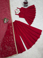 Crimson Red Sharara Set with Mirror Work & Gold Detailing – Festive and Wedding Wear