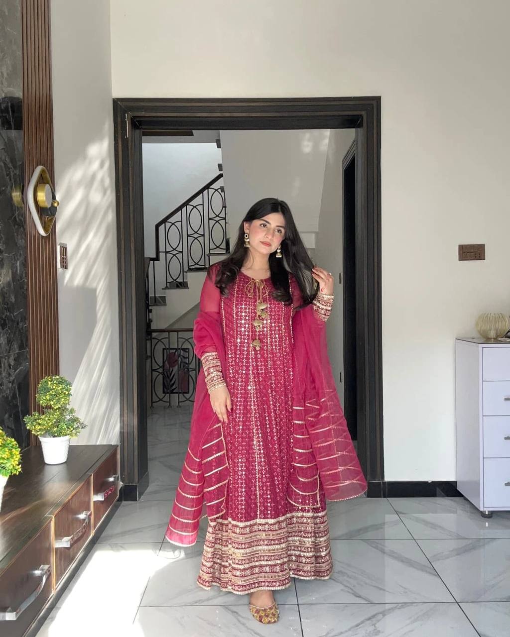 Maroon Embroidered Anarkali Suit Set with Chiffon Dupatta