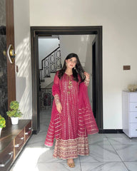 Maroon Embroidered Anarkali Suit Set with Chiffon Dupatta