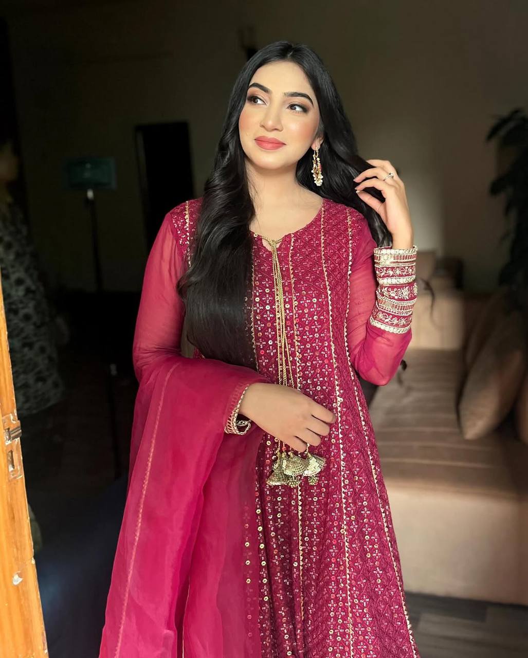 Maroon Embroidered Anarkali Suit Set with Chiffon Dupatta