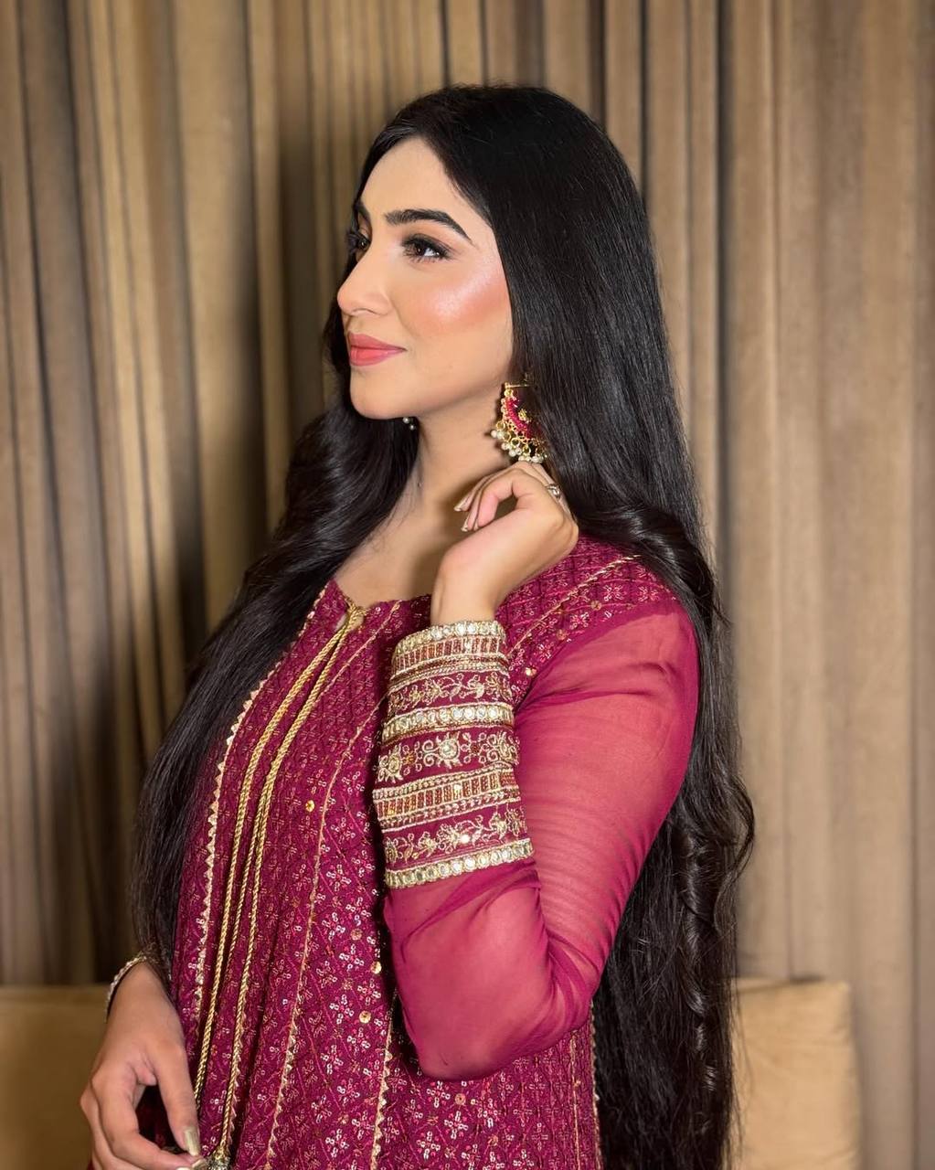 Maroon Embroidered Anarkali Suit Set with Chiffon Dupatta