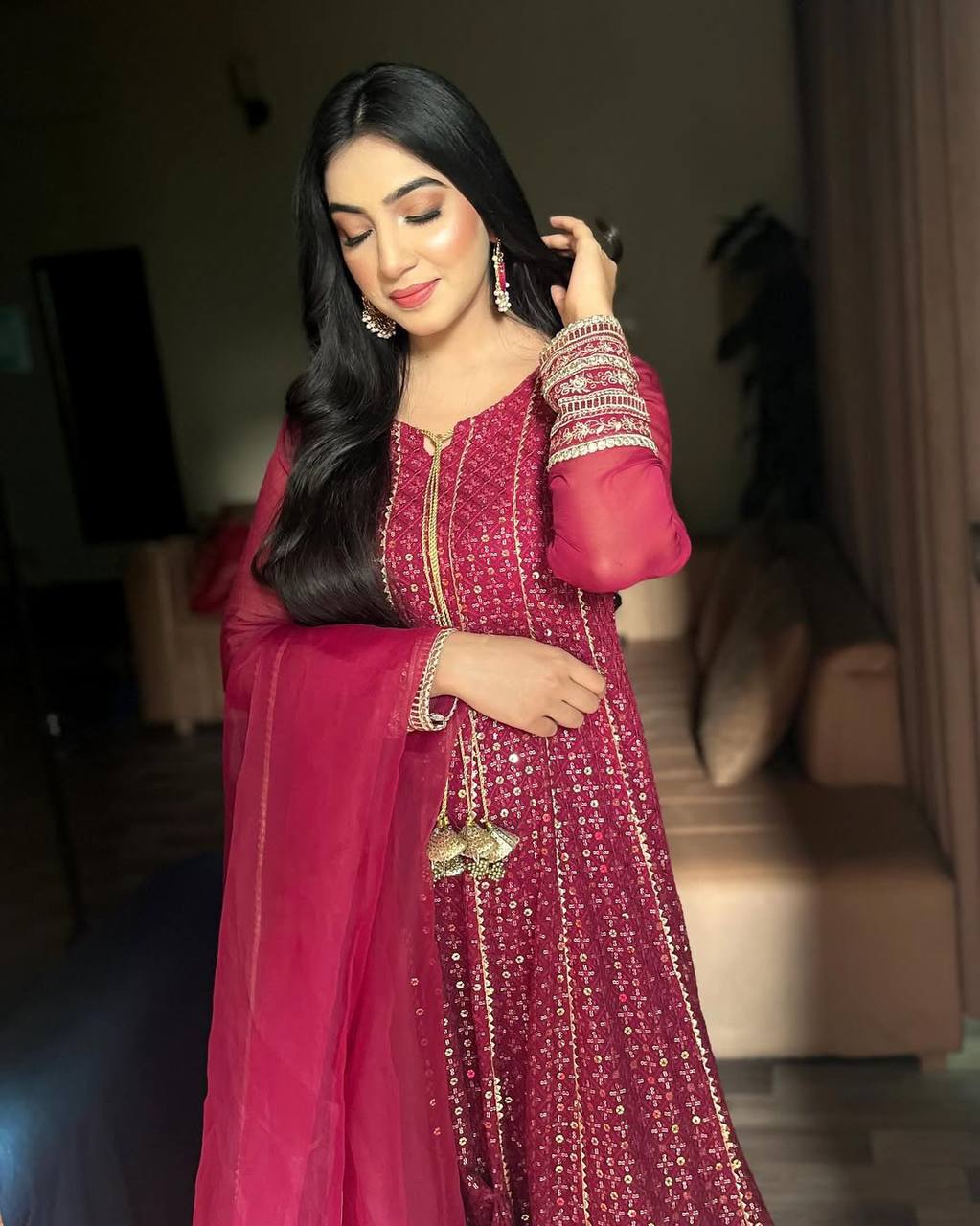 Maroon Embroidered Anarkali Suit Set with Chiffon Dupatta