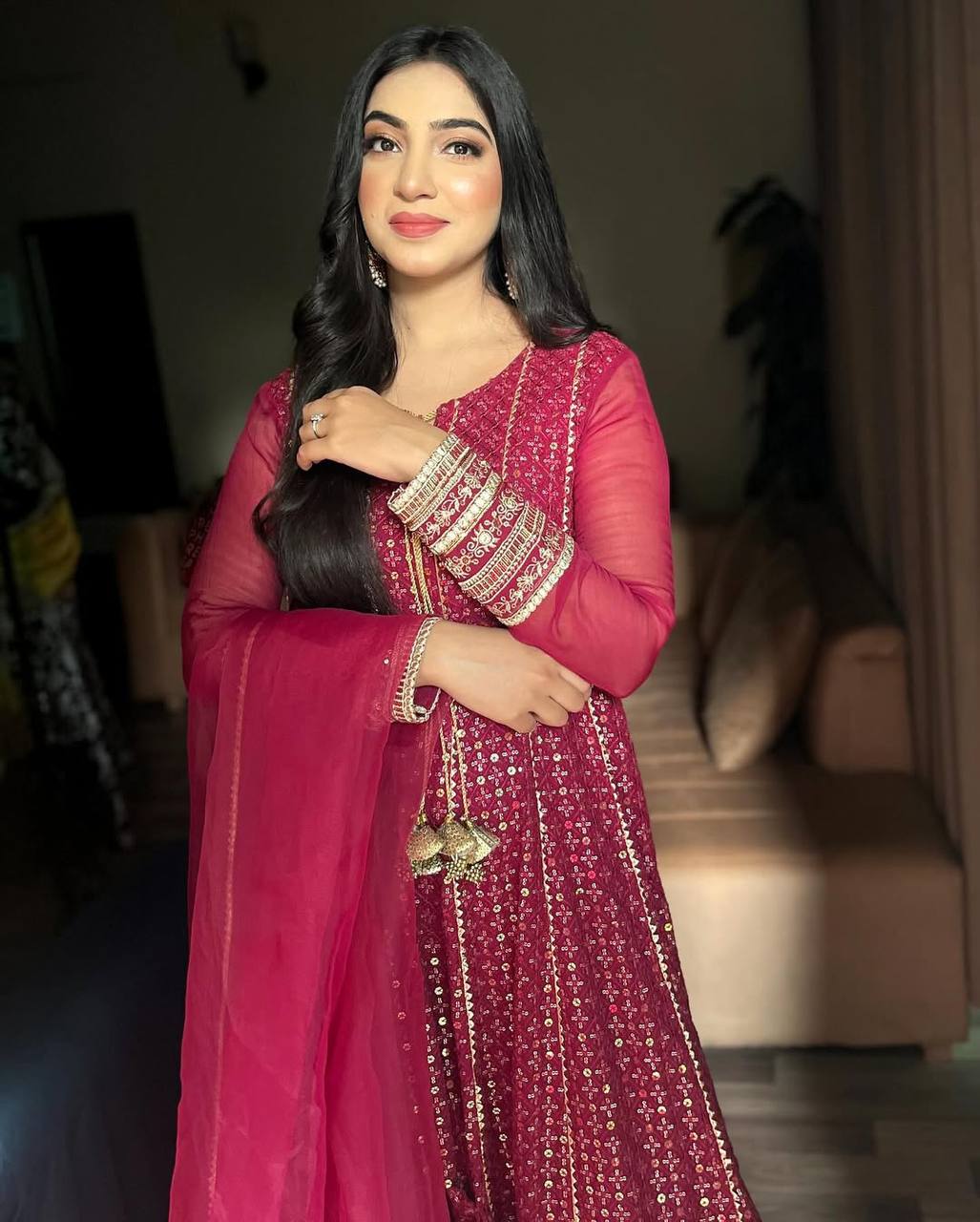Maroon Embroidered Anarkali Suit Set with Chiffon Dupatta