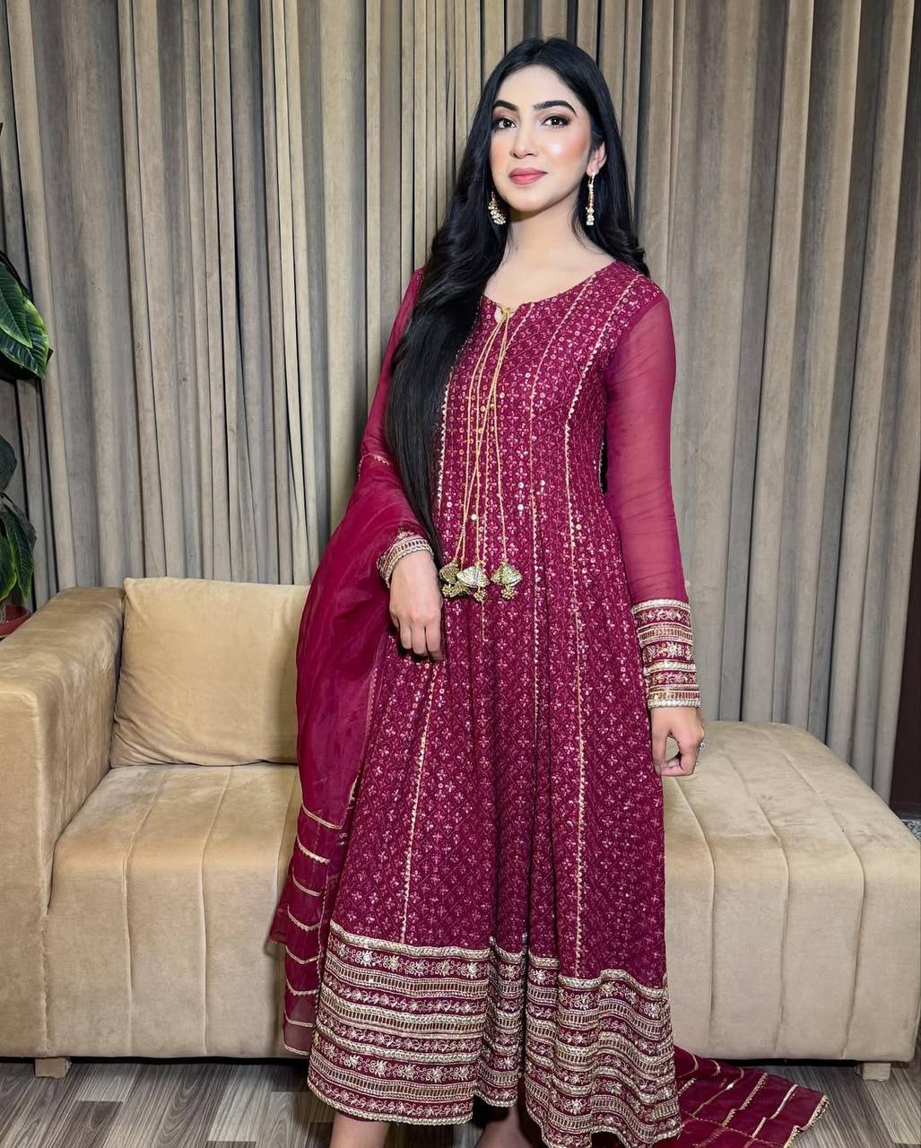 Maroon Embroidered Anarkali Suit Set with Chiffon Dupatta
