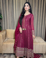 Maroon Embroidered Anarkali Suit Set with Chiffon Dupatta