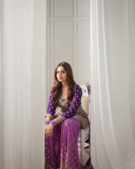 Purple Sharara Suit with Heavy Golden Embroidery & Net Dupatta