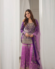 Purple Sharara Suit with Heavy Golden Embroidery & Net Dupatta