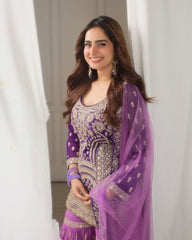 Purple Sharara Suit with Heavy Golden Embroidery & Net Dupatta