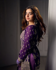 Purple Sharara Suit with Heavy Golden Embroidery & Net Dupatta