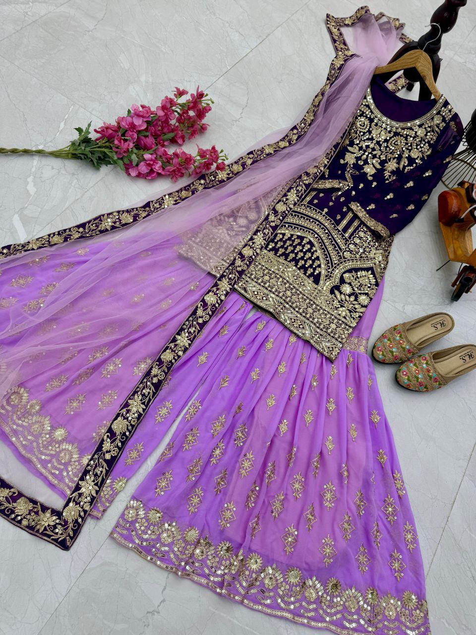 Purple Sharara Suit with Heavy Golden Embroidery & Net Dupatta