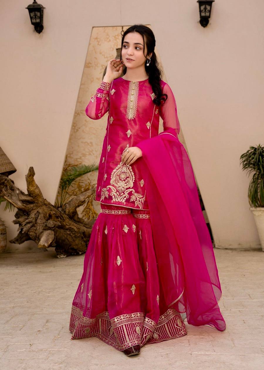 Hot Pink Georgette Sharara Suit with Golden Embroidery