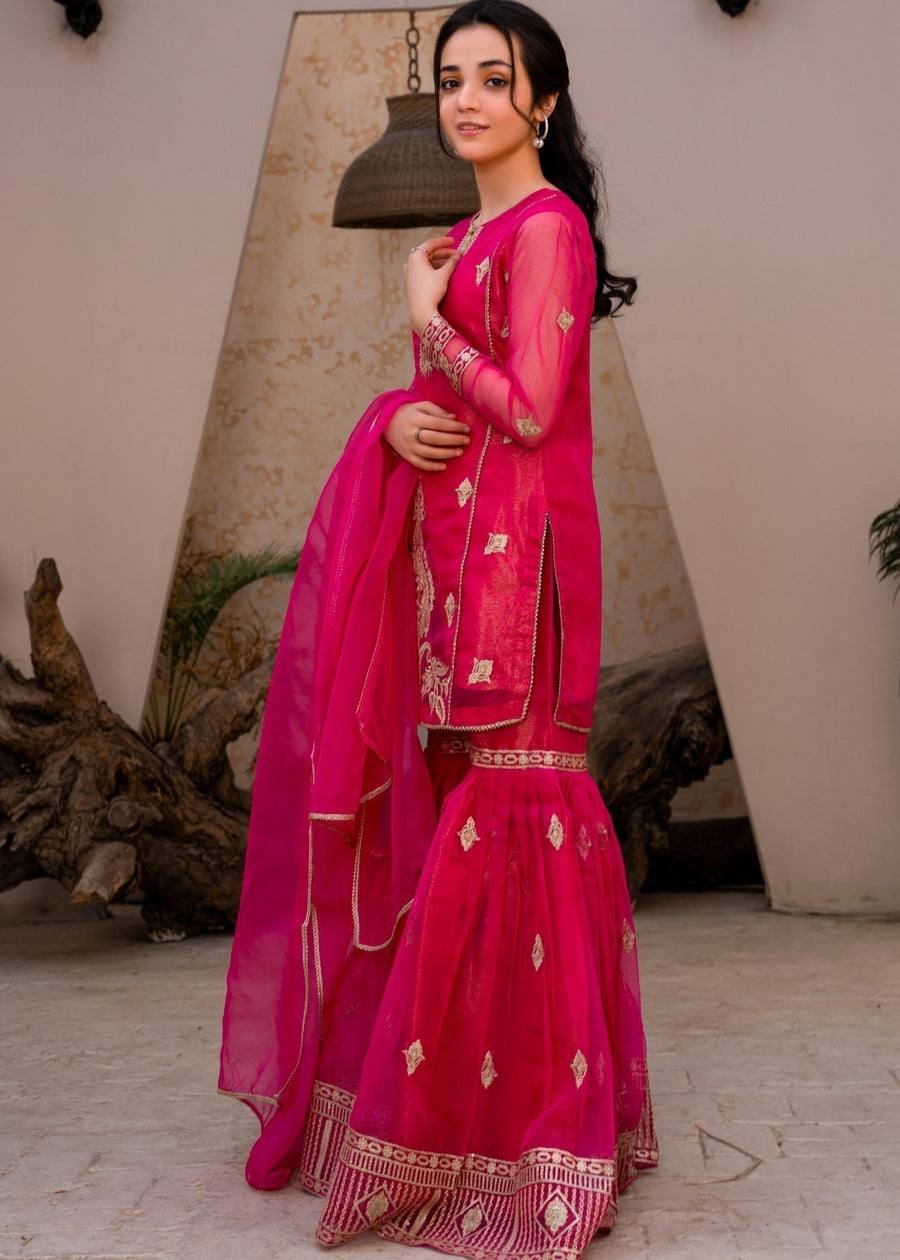 Hot Pink Georgette Sharara Suit with Golden Embroidery