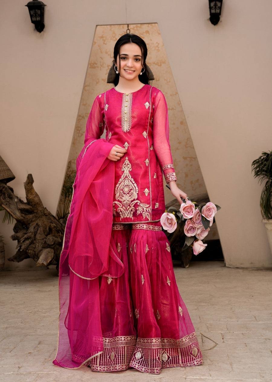 Hot Pink Georgette Sharara Suit with Golden Embroidery