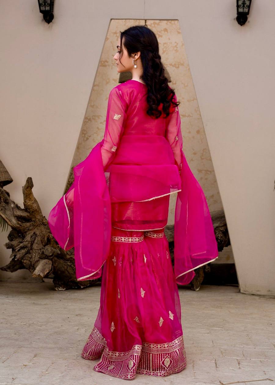 Hot Pink Georgette Sharara Suit with Golden Embroidery
