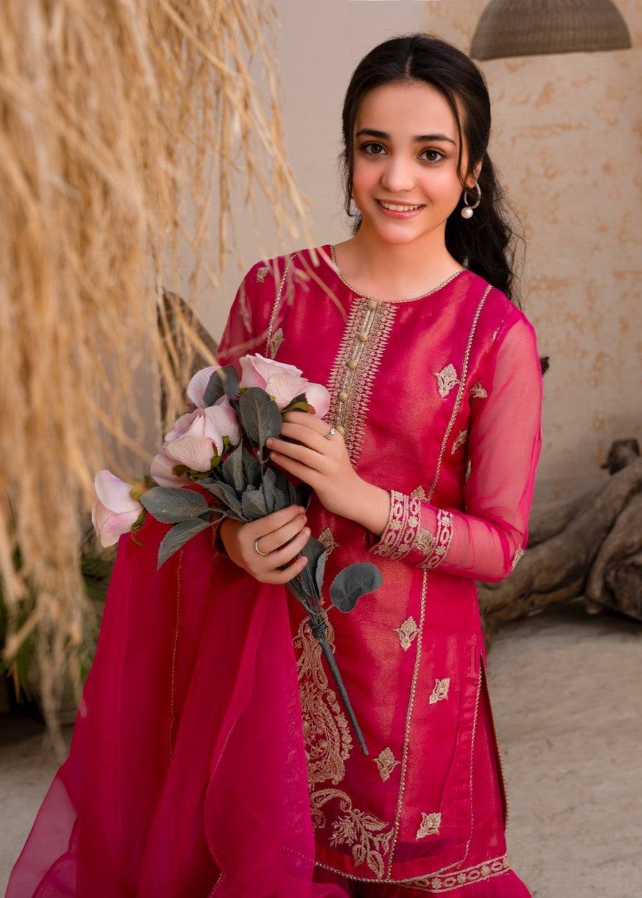 Hot Pink Georgette Sharara Suit with Golden Embroidery