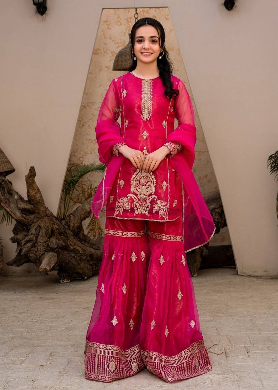 Hot Pink Georgette Sharara Suit with Golden Embroidery