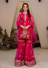 Hot Pink Georgette Sharara Suit with Golden Embroidery