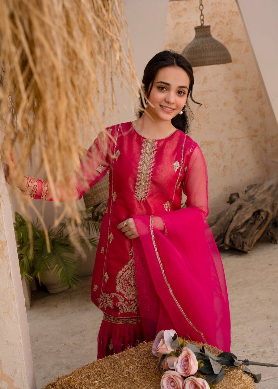 Hot Pink Georgette Sharara Suit with Golden Embroidery