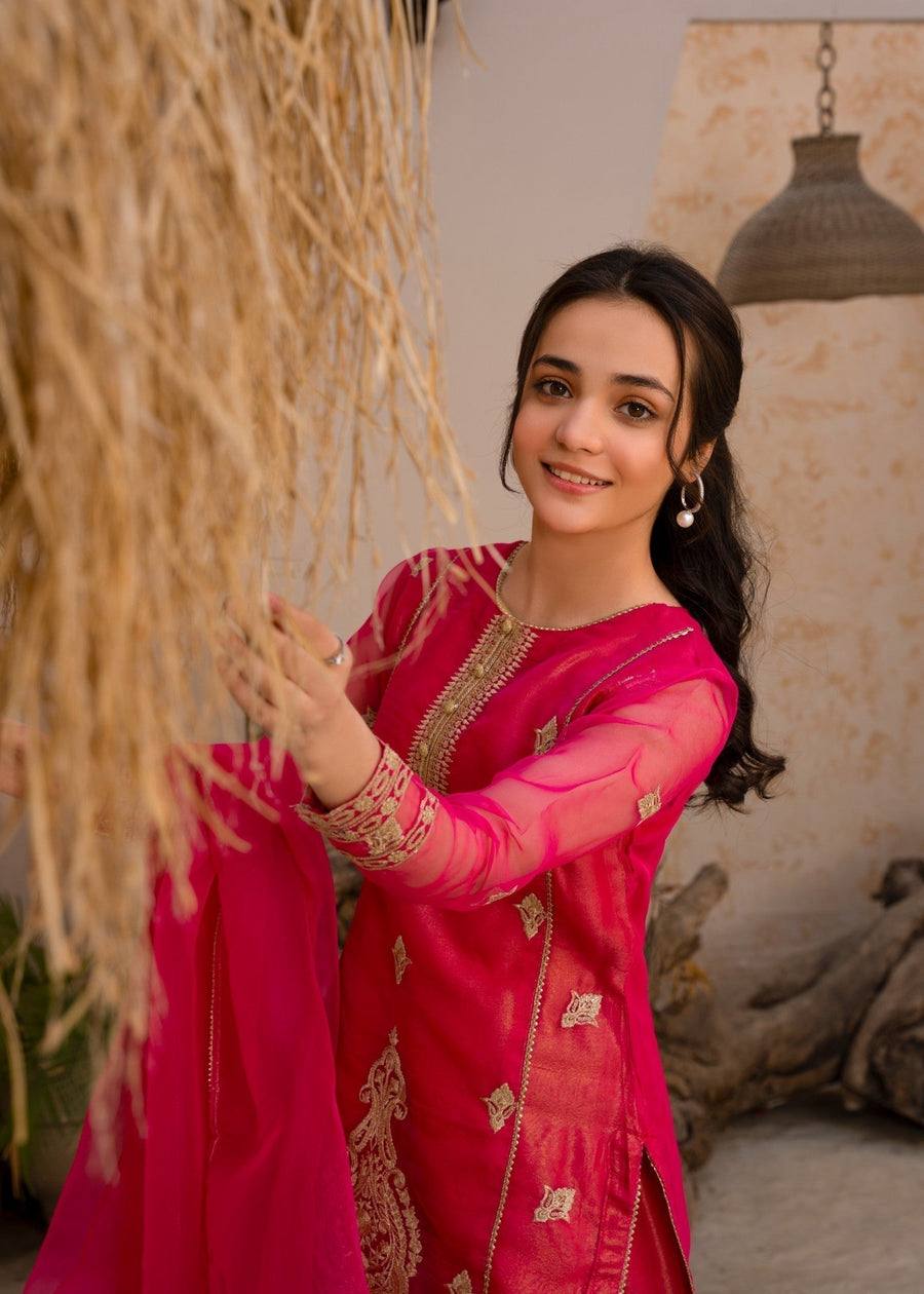 Hot Pink Georgette Sharara Suit with Golden Embroidery
