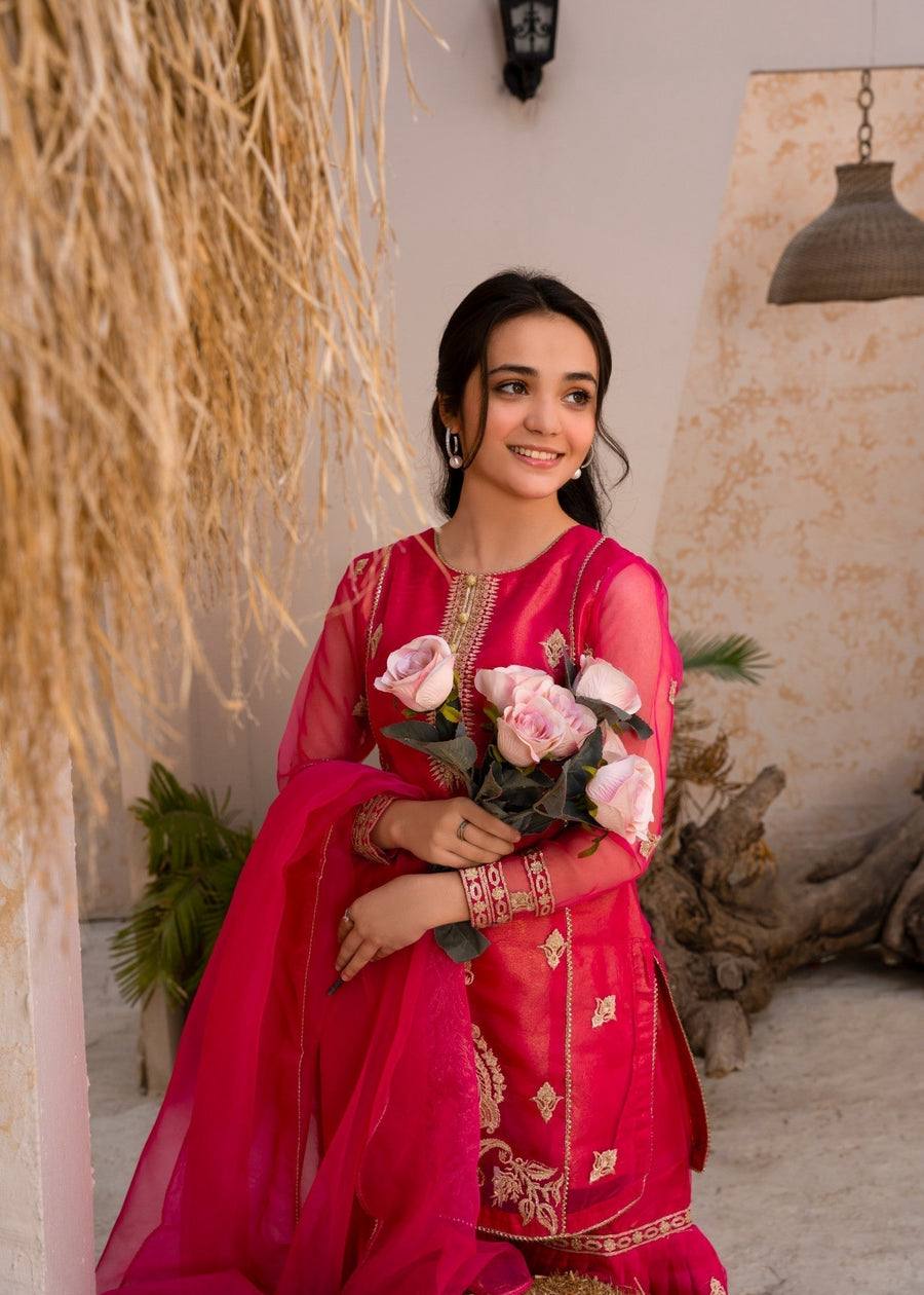 Hot Pink Georgette Sharara Suit with Golden Embroidery