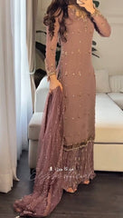 Mauve Straight-Cut Suit with Embellished Dupatta & Sharara Pants