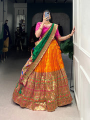 Orange Banarasi Silk Lehenga with Pink Blouse & Green Dupatta