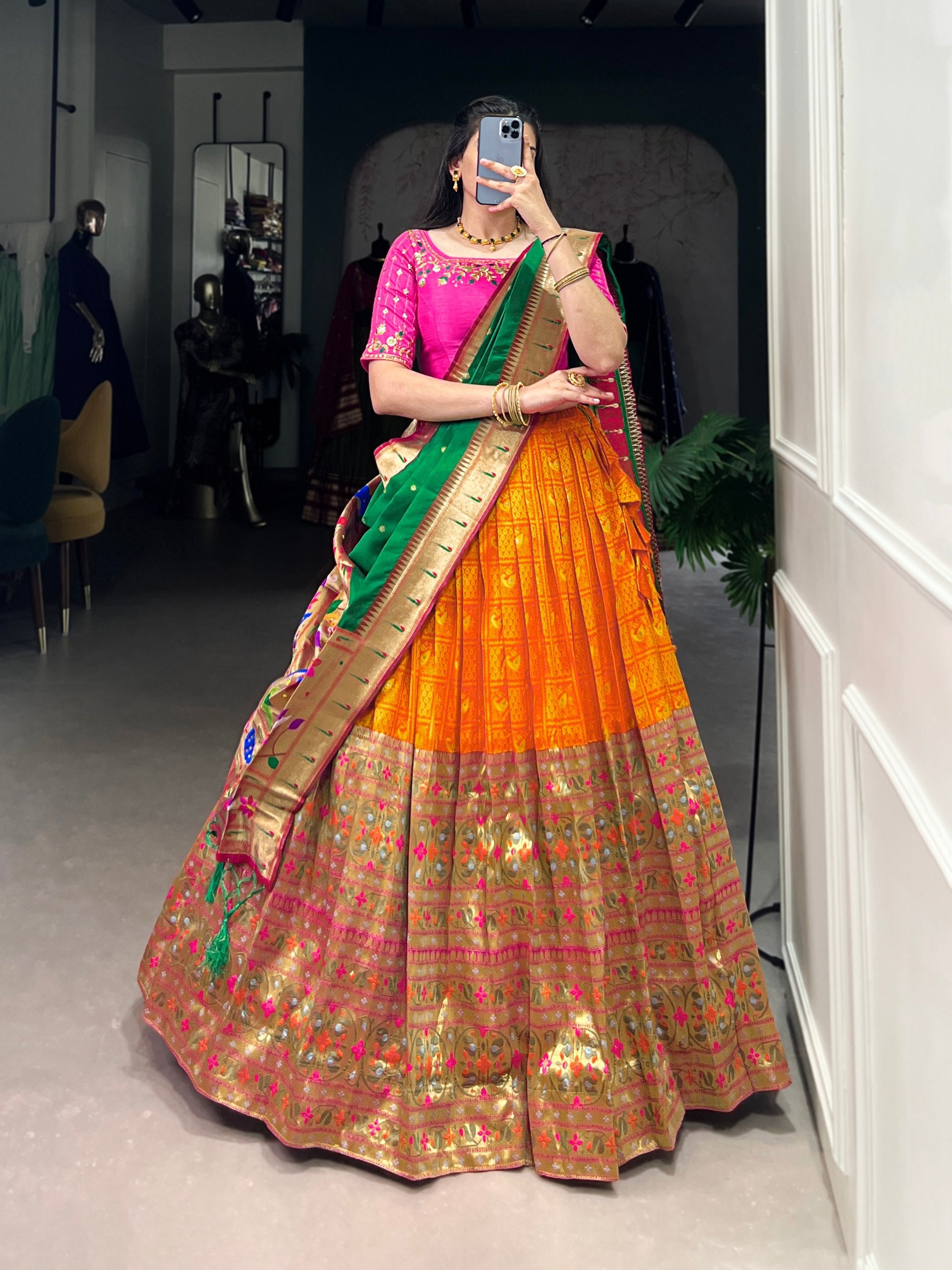 Orange Banarasi Silk Lehenga with Pink Blouse & Green Dupatta