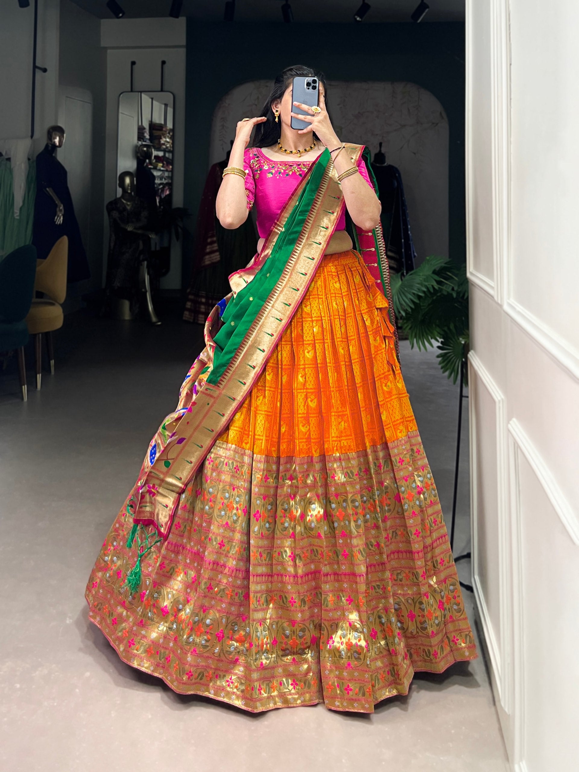 Orange Banarasi Silk Lehenga with Pink Blouse & Green Dupatta