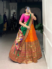 Orange Banarasi Silk Lehenga with Pink Blouse & Green Dupatta