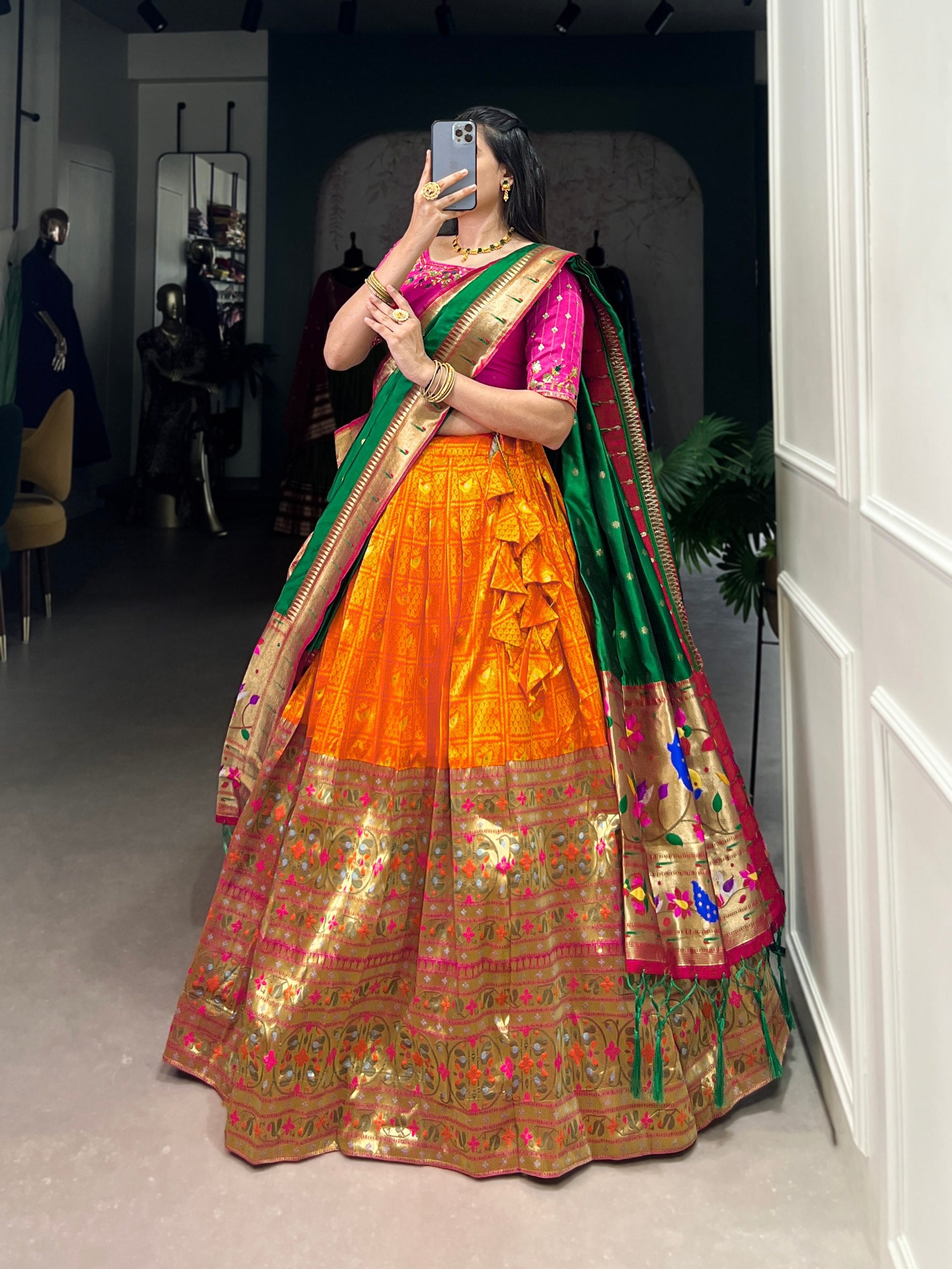 Orange Banarasi Silk Lehenga with Pink Blouse & Green Dupatta