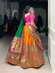Orange Banarasi Silk Lehenga with Pink Blouse & Green Dupatta