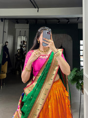 Orange Banarasi Silk Lehenga with Pink Blouse & Green Dupatta