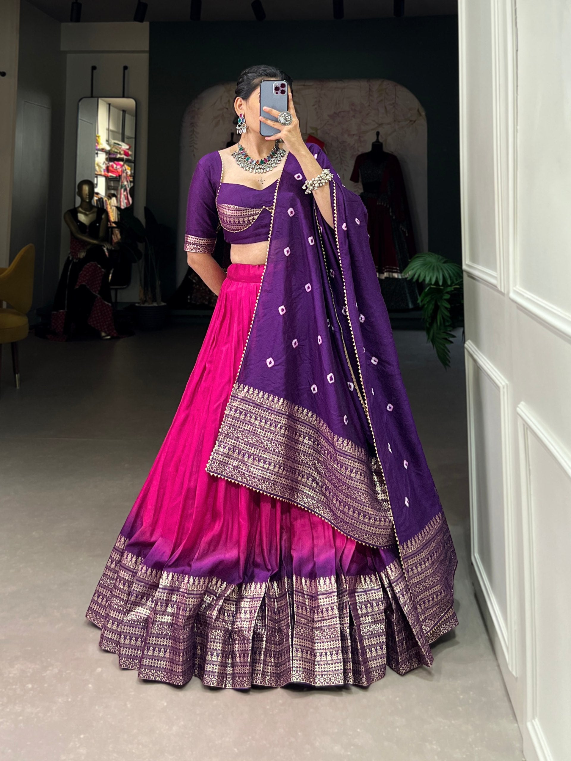 Purple & Pink Ombre Lehenga with Zari Border & Embroidered Blouse
